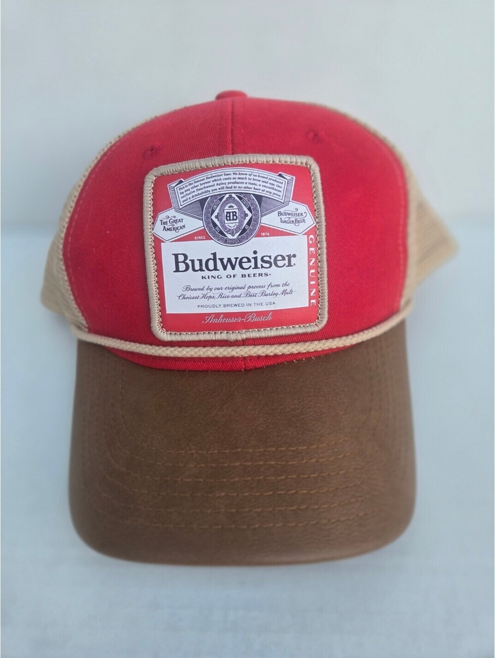 Budweiser Men's Trucker Cap with Red and Brown Color Block Design